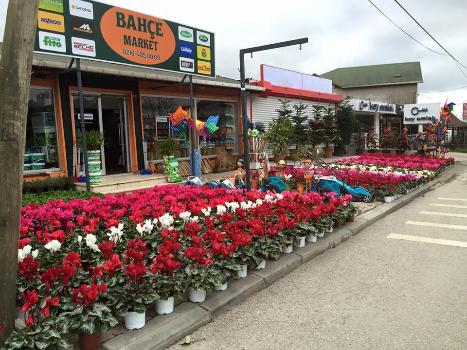Önü kırmızı Atatürk çiçekleriyle süslenmiş İsveş Bahçe Market